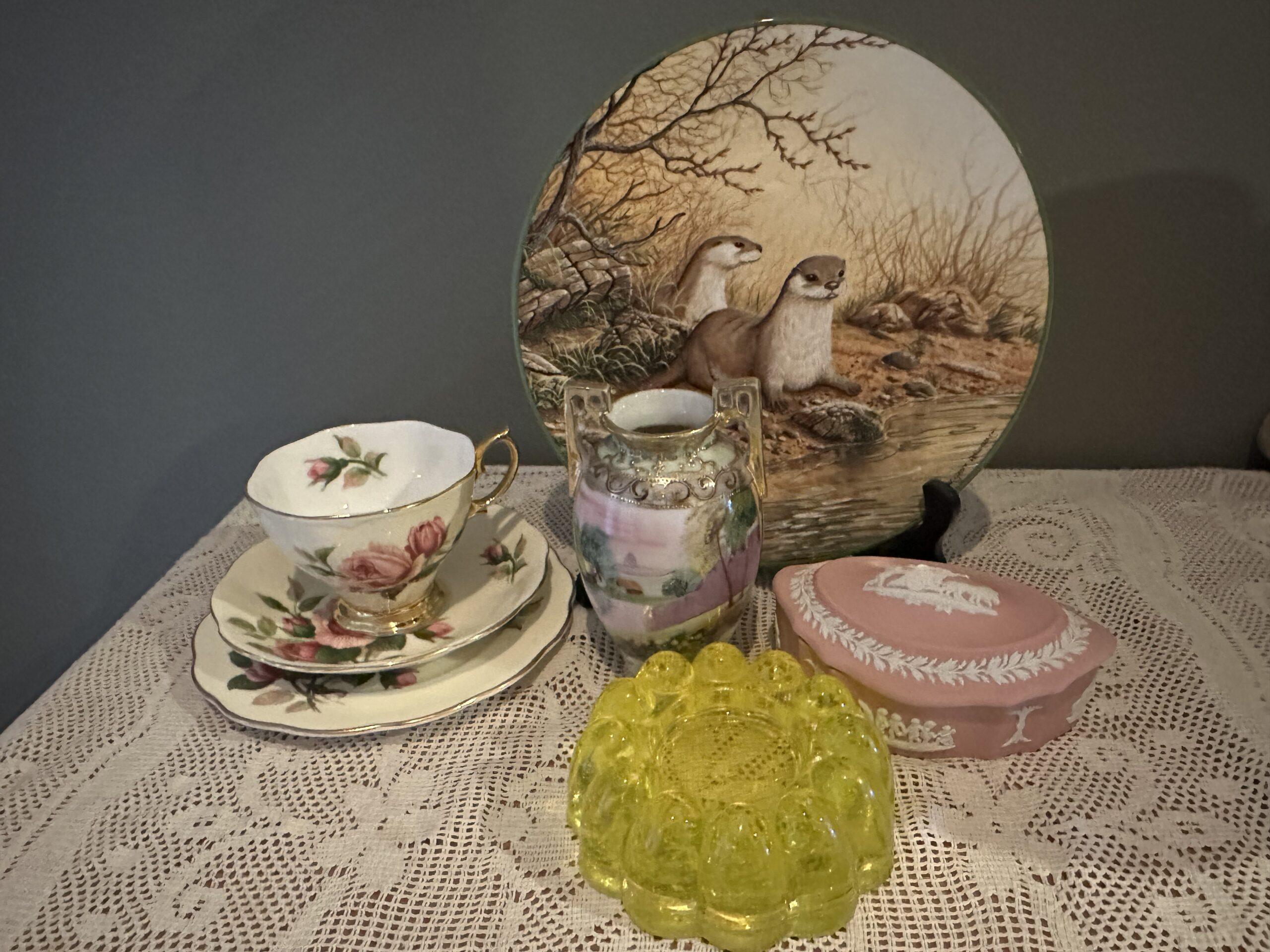 Sneak Peek For The Week – Wedgwood Pink Jasper Trinket Box, Royal Albert English Beauty Trio, Royal Doulton Otter Plate, Victorian Uranium Glass Piano Castor, Small Hand Painted Moriage Vase