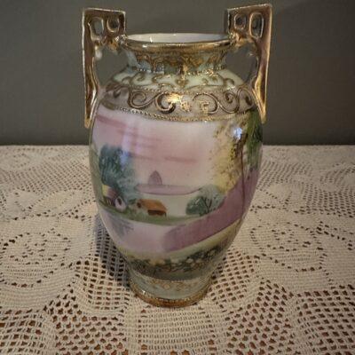 Small Art Deco Nippon Japan Hand Painted Vase With Raised Moriage Decoration And Gilt Trim