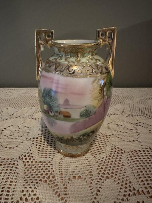 Small Art Deco Nippon Japan Hand Painted Vase With Raised Moriage Decoration And Gilt Trim