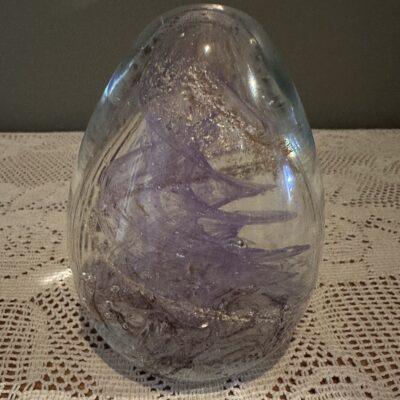 Large Egg Shaped Art Glass Paperweight With Mauve And Gold Aventurine Spirals