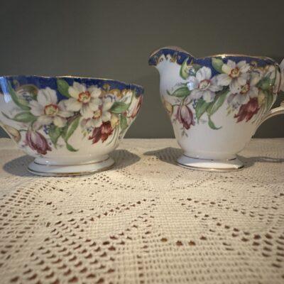 Vintage Bell China Narcissus Pattern Sugar And Creamer With Blue Trim