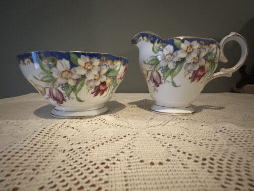Vintage Bell China Narcissus Pattern Sugar And Creamer With Blue Trim