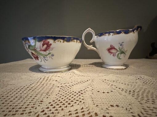 Vintage Bell China Narcissus Pattern Sugar And Creamer With Blue Trim - Image 2