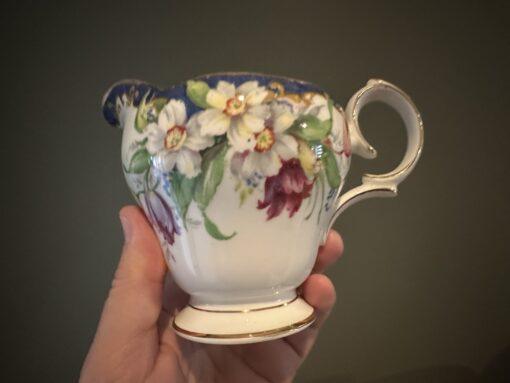 Vintage Bell China Narcissus Pattern Sugar And Creamer With Blue Trim - Image 4