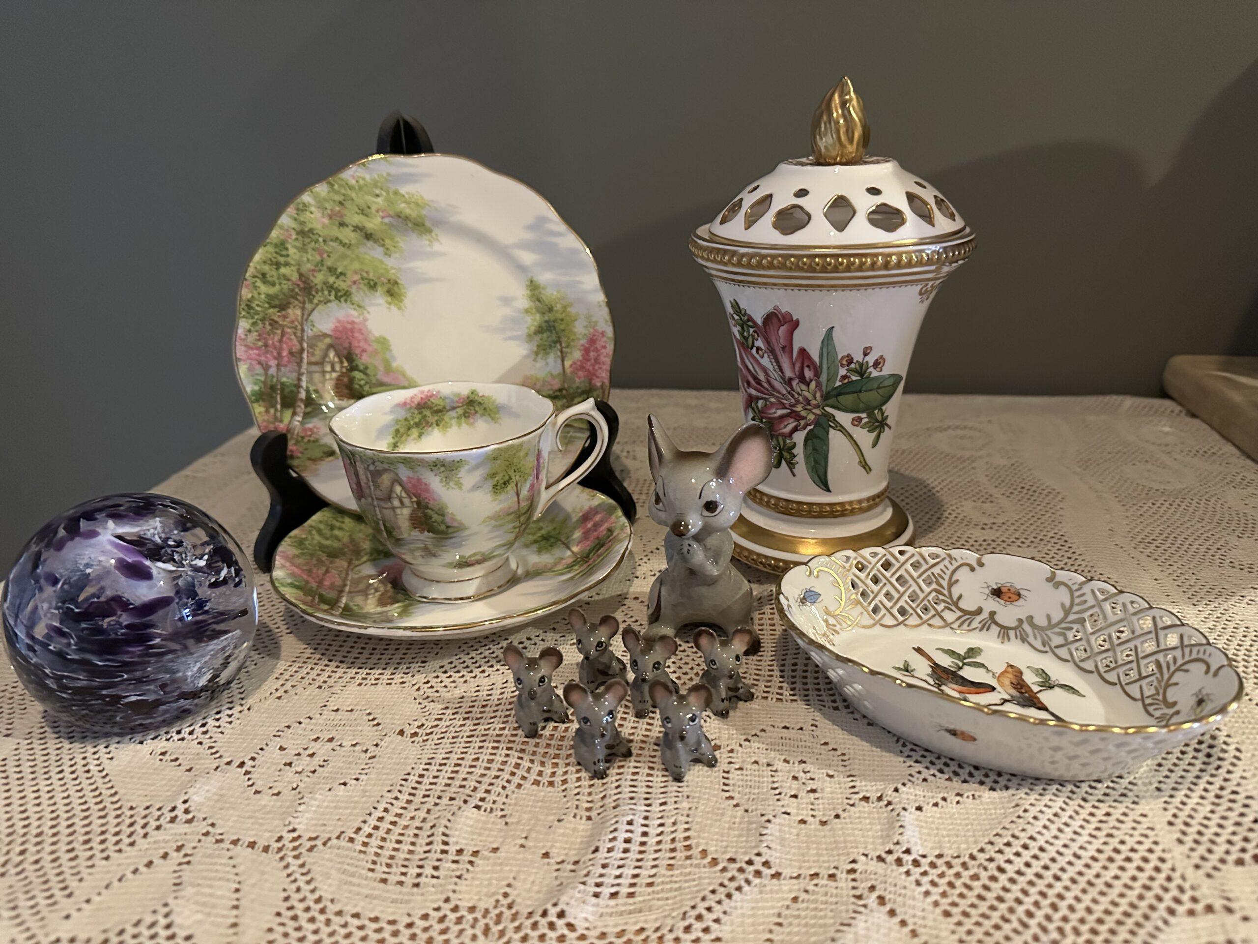 Sneak Peek For The Week – Spode Stafford Flowers Lidded Potporri Jar, Tim Bristow Signed And Stamped Art Glass Paperweight, Royal Albert Old Mill Trio, Herend Rothschild Bird Reticulated Dish, Napco Mouse And Babies Figurines