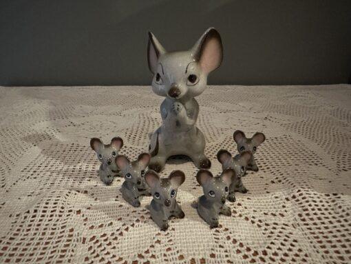 Vintage And Rare Napco Mother Mouse And Six Baby Mice Figurines