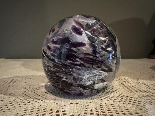 Stunning Hand Blown Tim Bristow Signed And Stamped Purple And White Swirled Paperweight