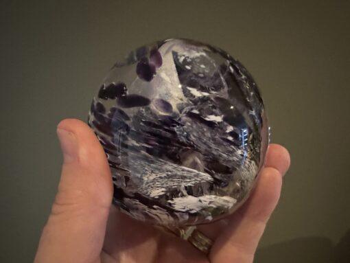 Stunning Hand Blown Tim Bristow Signed And Stamped Purple And White Swirled Paperweight - Image 2