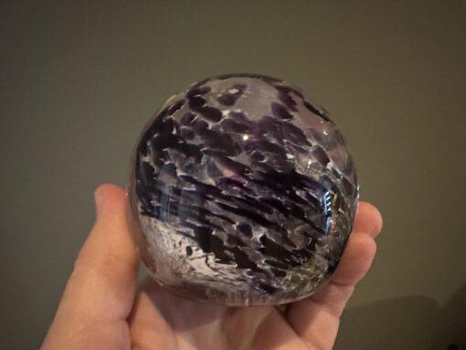Stunning Hand Blown Tim Bristow Signed And Stamped Purple And White Swirled Paperweight - Image 3