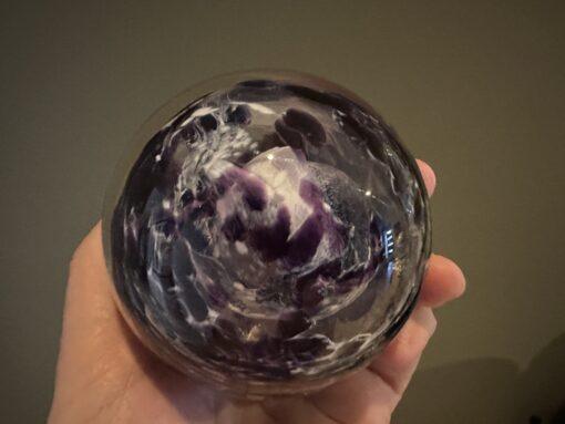 Stunning Hand Blown Tim Bristow Signed And Stamped Purple And White Swirled Paperweight - Image 4
