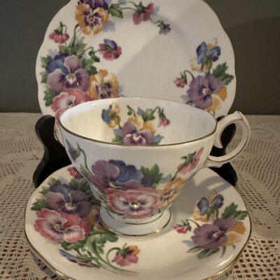 Vintage Queen Anne China Spring Melody Bright Pansy Trio