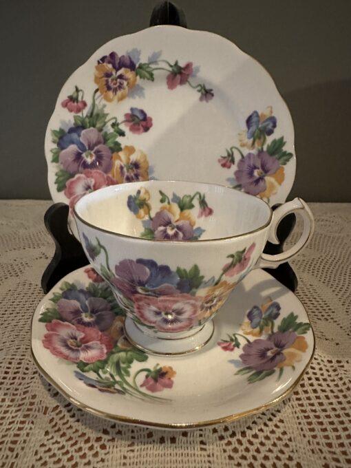 Vintage Queen Anne China Spring Melody Bright Pansy Trio