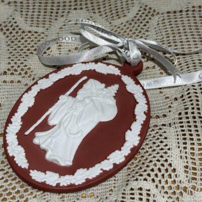 Wedgwood Jasperware Jasper Ware Xmas Tree Bauble - White On Red - Santa Cameo - Boxed