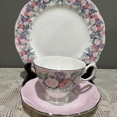 Royal Albert Rose Garland Trio With Large Side Plate - Silver Trim - English Made