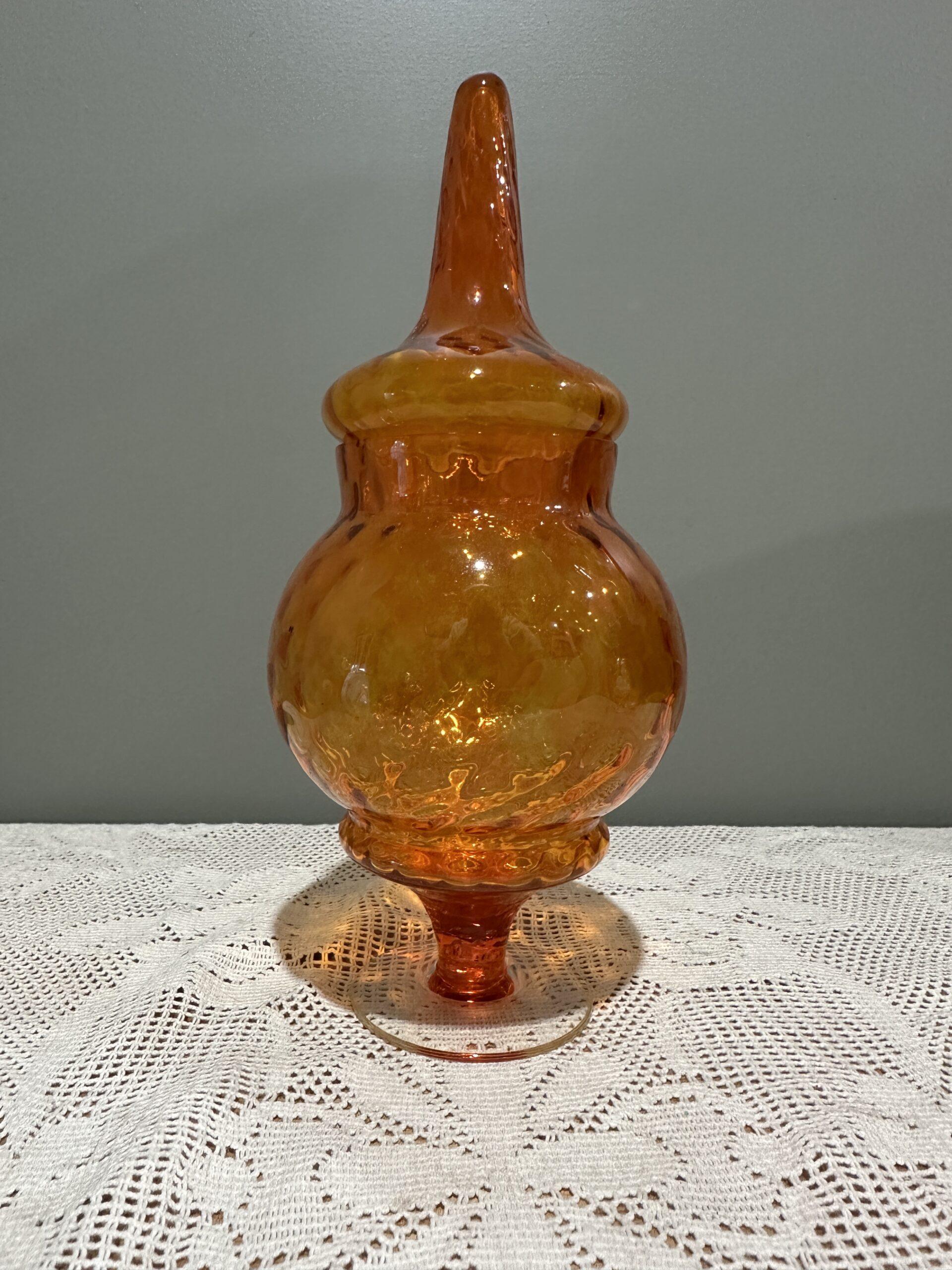 Stunning Mid Century Circus Tent Apothecary Jar With Cadmium Glow - Orange Optic