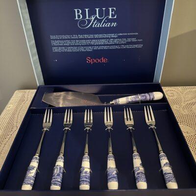 Stunning Spode Blue Italian Cake Slice And Forks Set In Box