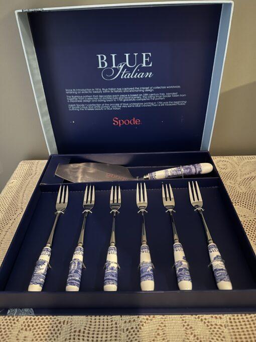 Stunning Spode Blue Italian Cake Slice And Forks Set In Box