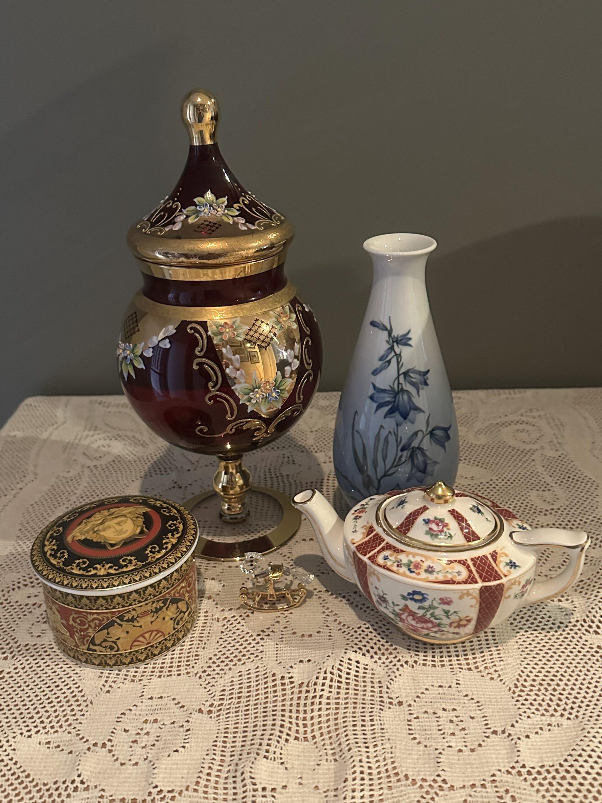 Sneak Peek For The Week – Rosenthal Versace Trinket Box, Royal Copenhagen Bluebell Vase, Swarovski Crystal Rocking Horse, Bohemian Ruby Glass Tented Apothecary Jar, Sadler Mini Heirloom Collection Teapot