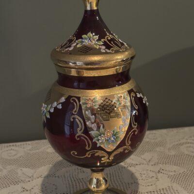 Large Bohemian Ruby Glass Apothecary Jar With Tented Lid - Heavily Gilt And Hand Painted