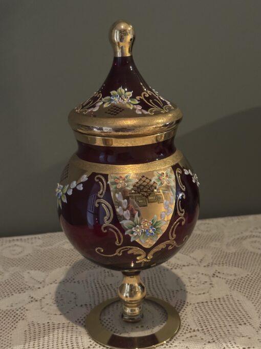 Large Bohemian Ruby Glass Apothecary Jar With Tented Lid - Heavily Gilt And Hand Painted