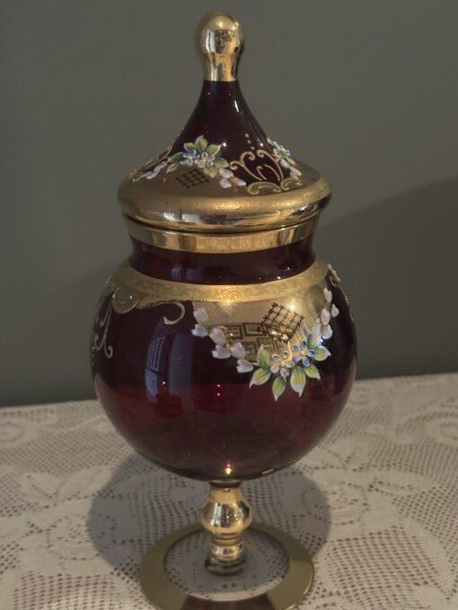 Large Bohemian Ruby Glass Apothecary Jar With Tented Lid - Heavily Gilt And Hand Painted - Image 2