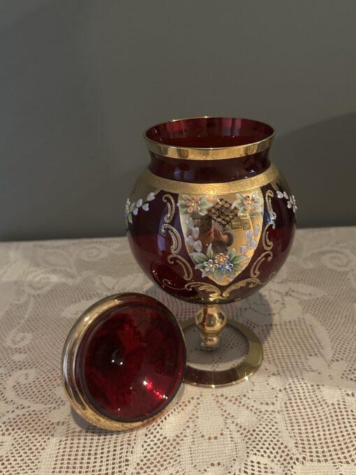 Large Bohemian Ruby Glass Apothecary Jar With Tented Lid - Heavily Gilt And Hand Painted - Image 3
