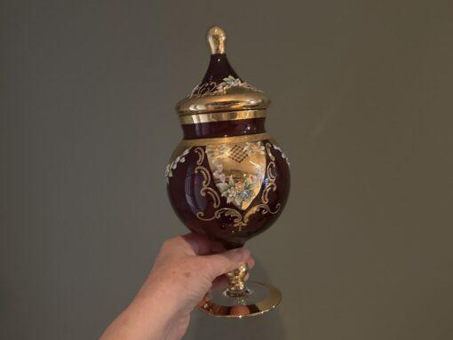 Large Bohemian Ruby Glass Apothecary Jar With Tented Lid - Heavily Gilt And Hand Painted - Image 5
