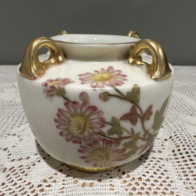 Antique Royal Worcester Miniature Four Ring Posy Vase With Gilt Flowers And Trim - 1890