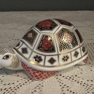 Royal Crown Derby Imari Tortoise Paperweight With Silver Stopper