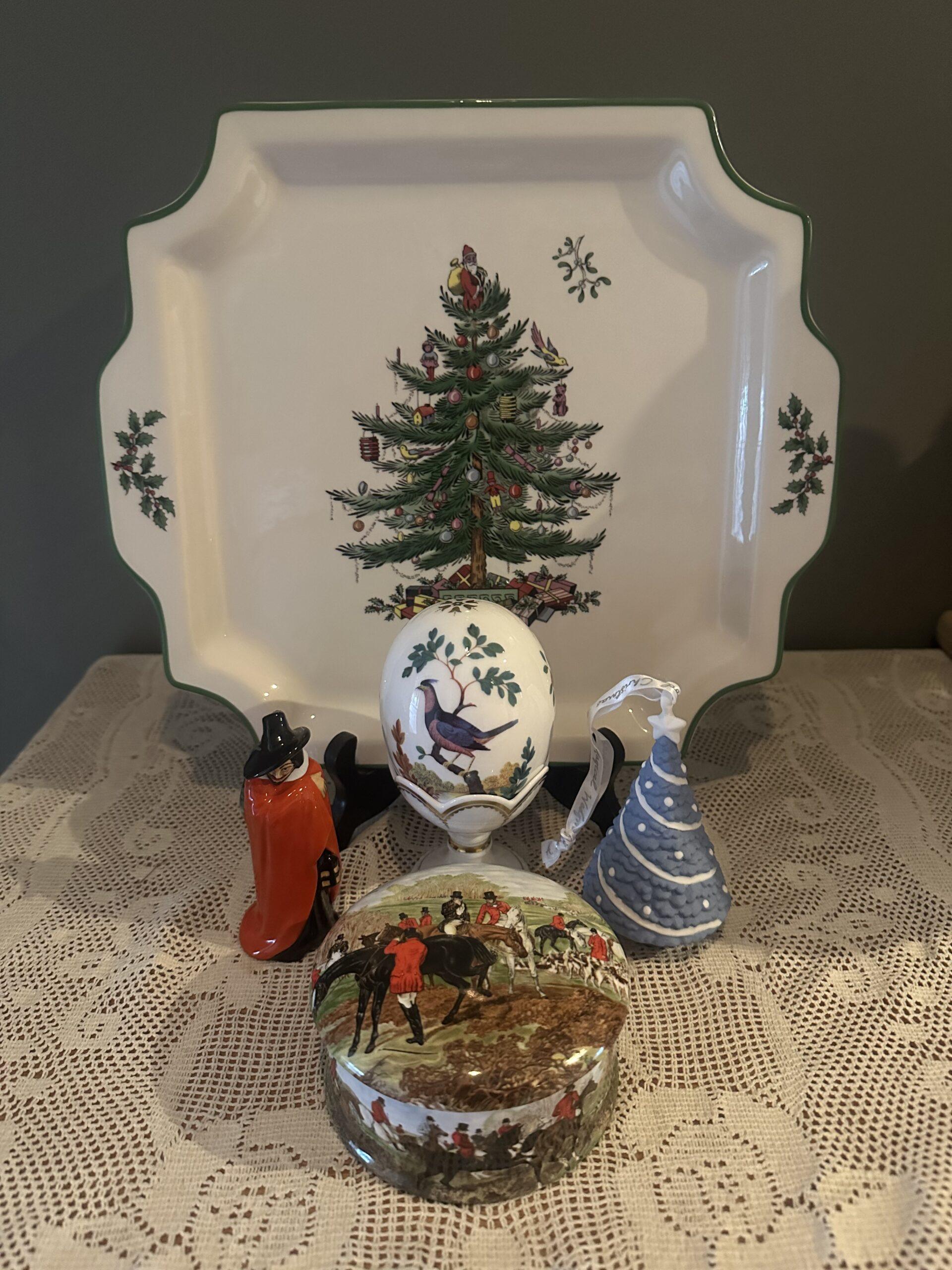 Sneak Peek For The Week – Spode Christmas Tree Plate, Royal Doulton Guy Fawkes Figurine, Minton Limited Edition Egg, Wedgwood Christmas Tree Bauble, Newhall Hunting Trinket Box
