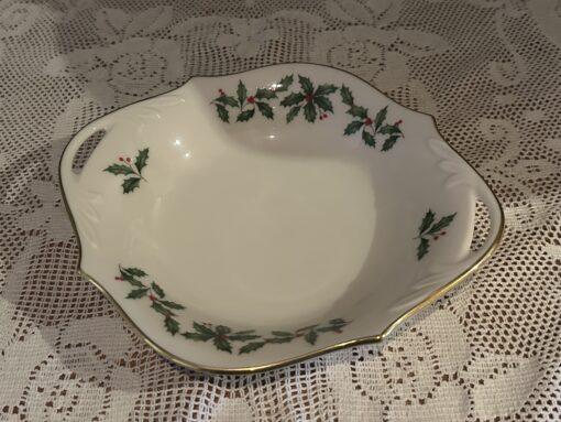 Lovely Lenox Holiday Handled Bowl - Holly And Berries With Gilt Trim