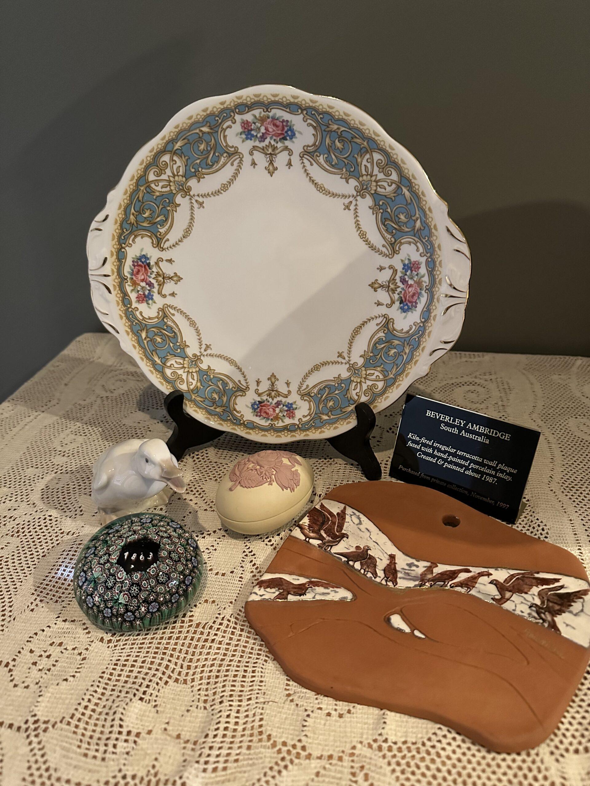 Sneak Peek For The Week – Nao Duckling, Stunning Millefiori Paperweight, Wedgwood Pink On Cane Egg Trinket Box, Beverley Ambridge Hand Made Pottery And Porcelain Plaque, Queen Anne Regency Tab Handled Cake Plate