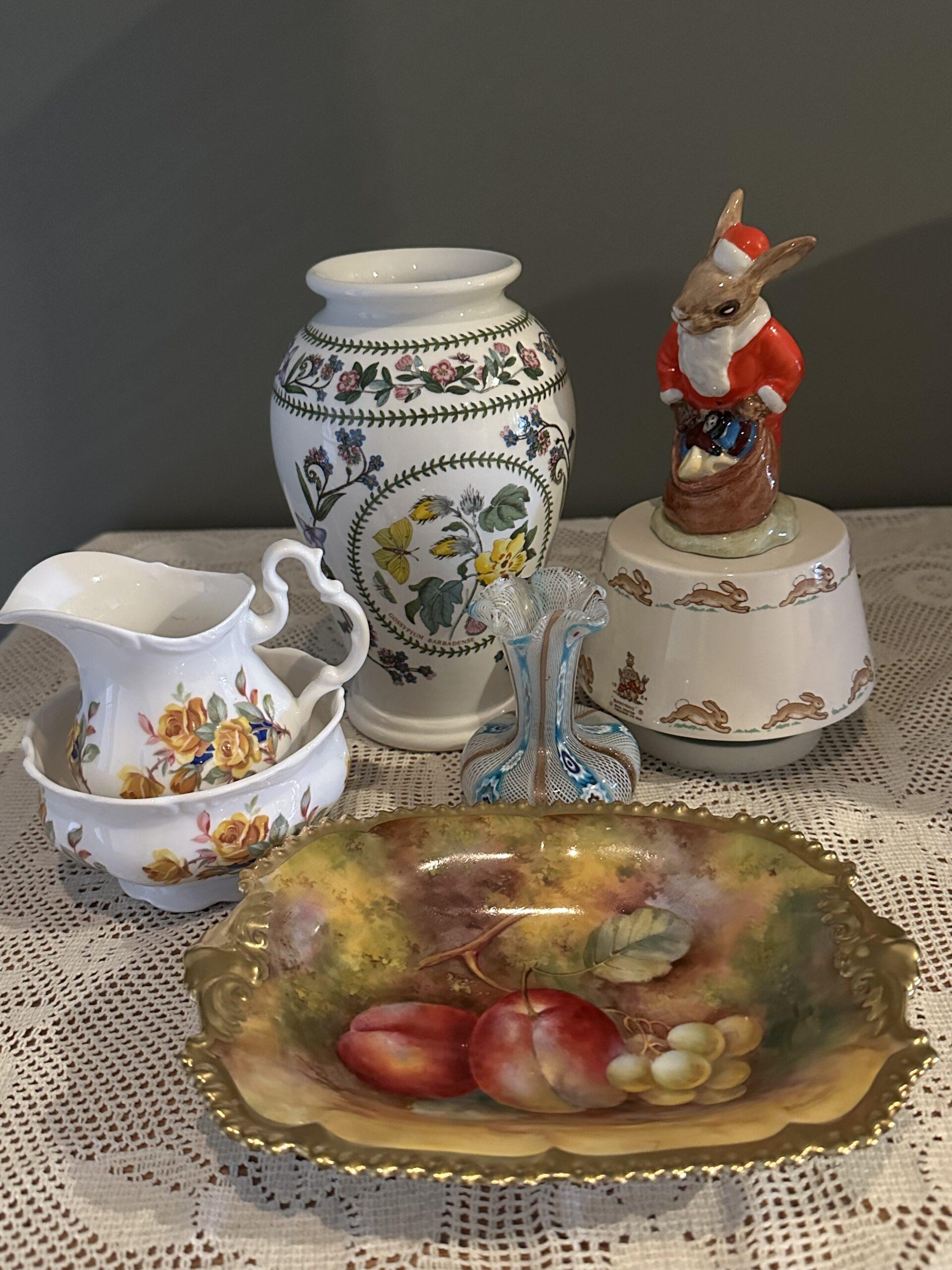 Sneak Peek For The Week – Murano Glass Vase, Royal Worcester Hand Painted Plate, Royal Doulton Bunnykins Christmas Music Box, Royal Albert Scarce Sugar And Creamer, Portmeirion Vase