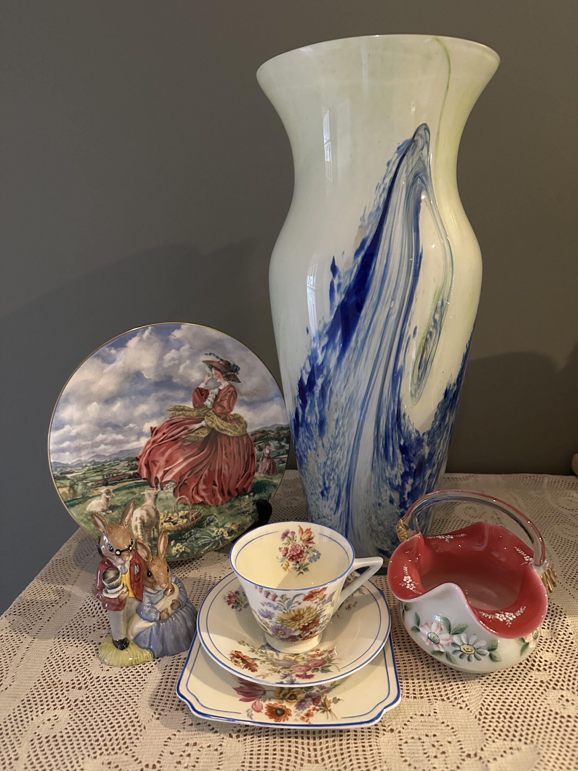 Sneak Peek For The Week – Antique Uranium Custard Glass Basket, Massive End Of Day Glass Vase, Royal Doulton Bunnykins Figurine, Royal Doulton Art Deco Trio, Royal Doulton Display Plate