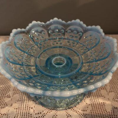 Vintage Fenton Aqua Blue Opalescent Hobnail Candle Holder / Centerpiece Bowl