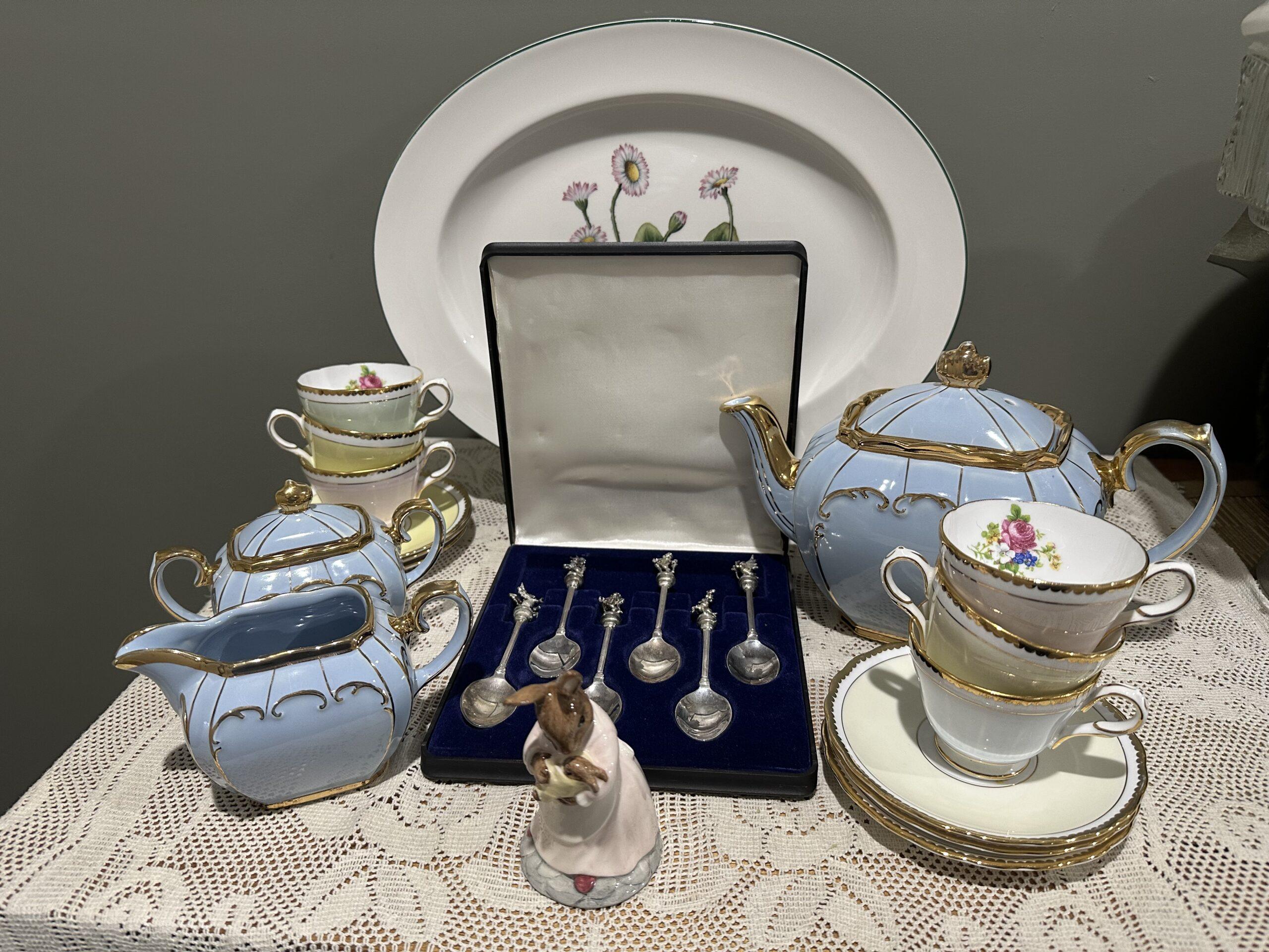 Sneak Peek For The Week – Royal Vale Platter, Sadler Cube Teaset, Royal Doulton Mother And Baby Bunnykins Figurine, Silver Plated Heraldic Royal Spoon Set, Grosvenor Harlequin Demitasse Set For Six