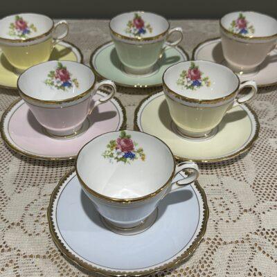 Vintage Grosvenor Harlequin Coffee Set For Six - Demitasse - Rainbow With Floral Motif