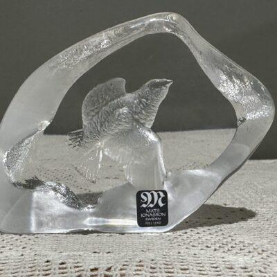 Mats Jonasson Swedish Crystal Ice Glass Sculpture / Paperweight - Flying Quail