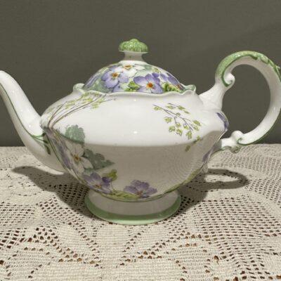 Stunning And Rare Vintage Paragon Double Warrant Small Teapot - Wild Violets Hand Accented With Green Trim