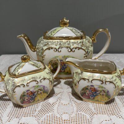 Sadler Cube Tea Set In Mint Green / Cream- Teapot Sugar Creamer - Courting Couples