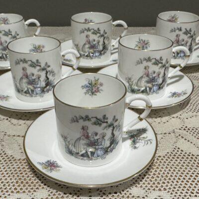 Royal Worcester Demitasse Coffee Set For Six - Watteau Pattern - Courting Couple